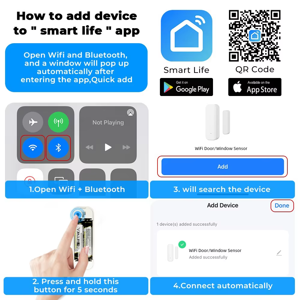 Tuya Zigbee Door/Window Sensor – Real-Time Alerts, Smart Home Automation, Works with Tuya Smart Life App, Battery Powered, Requires Tuya Zigbee Hub, White