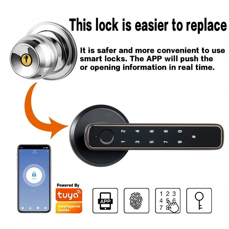 Tuya Bluetooth Smart Fingerprint Door Lock with Password Mechanical Key Unlocking for Wooden Door Single Handle Smartlife M4