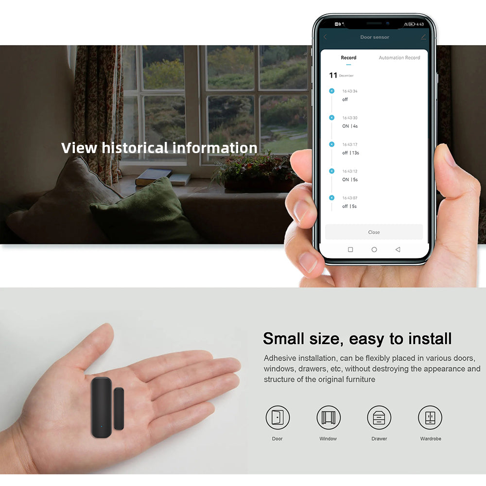 Tuya Zigbee Door/Window Sensor – Real-Time Alerts, Smart Home Automation, Works with Tuya Smart Life App, Battery Powered, Requires Tuya Zigbee Hub, Black