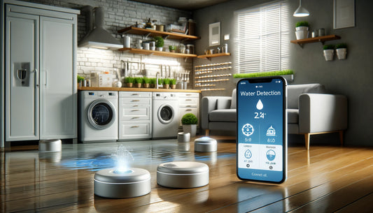 Smart home setup with various leakage sensors in action, including a kitchen sensor under the sink, a laundry room sensor near the washing machine, and a basement sensor on the floor, with water detection alerts shown on a smartphone.