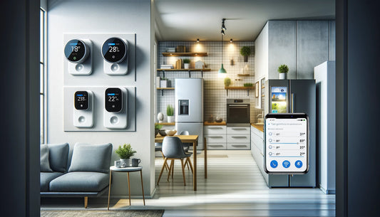 Smart home setup with various temperature sensors in action, including a living room sensor on the wall, an outdoor weather-resistant sensor, and a kitchen sensor inside a fridge, with temperature data shown on a smartphone screen.