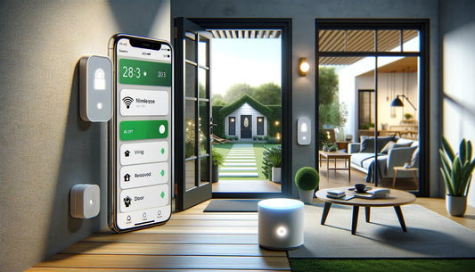Smart home setup with various door/window sensors in action, including a front door sensor, a living room window recessed sensor, and a back door wireless sensor, with alert notifications shown on a smartphone screen.