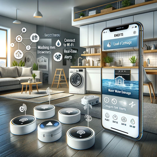 smart leak detectors placed under sinks, near washing machines, dishwashers, and water heaters. Smartphone displays real-time water leakage alert. Highlights include 'Prevent Water Damage,' 'Real-Time Alerts,' and 'Peace of Mind.' 